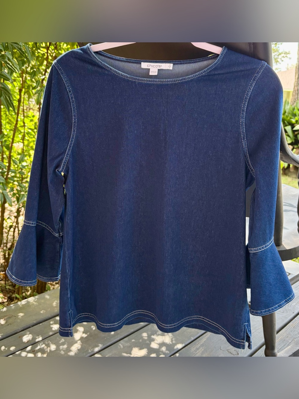 NWOT CHICO’S Women’s Size Small Indigo Denim-Look Bell Sleeve Top - Stretchy